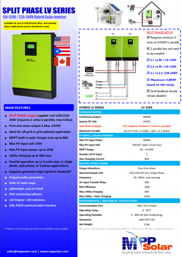 HYBRID LV2424 - 24V 2.4kW, 120V Output, 2kW Solar Input 80A Mppt (Grid Feedback Optional) - Image 2
