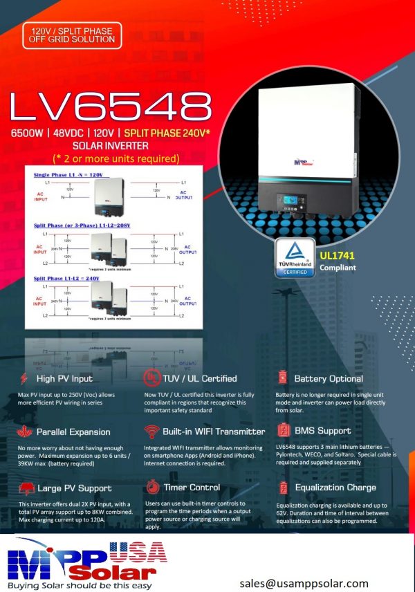 LV6548 6.5KW - 120v Solar inverter - 8kW Solar Input -2 x 4kW 250V MPPT UL1741 compliant - built in Wifi - See Conditions/Description - Open Box - Image 11