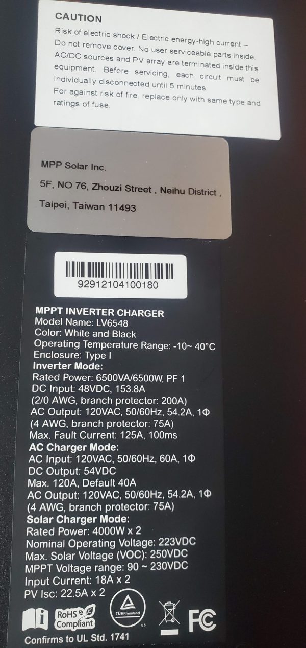LV6548 6.5KW - 120v Solar inverter - 8kW Solar Input -2 x 4kW 250V MPPT UL1741 compliant - built in Wifi - See Conditions/Description - Open Box - Image 15