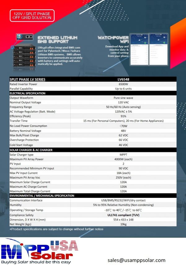 LV6548 6.5KW - 120v Solar inverter - 8kW Solar Input -2 x 4kW 250V MPPT UL1741 compliant - built in Wifi - See Conditions/Description - Open Box - Image 8