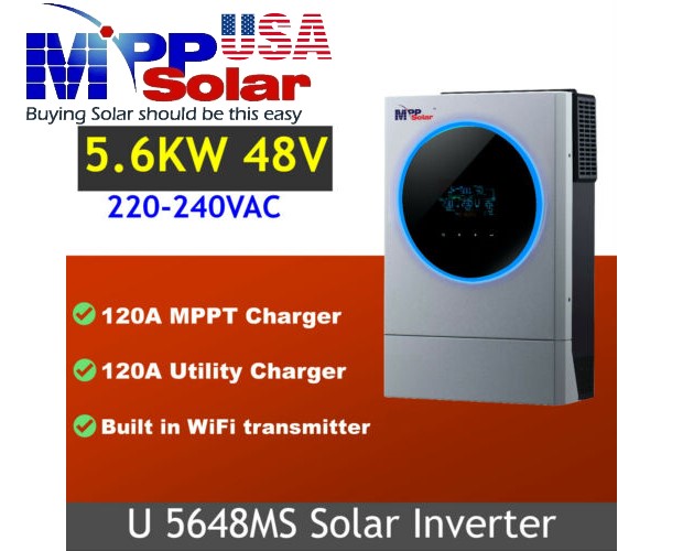 Promo -U5648MS 5600kw (230vac OUTPUT Only - No US Split phase) 48vdc MPP SOLAR inverter + MPPT solar charger 120A (High PV input 450vdc) + battery charger 120A