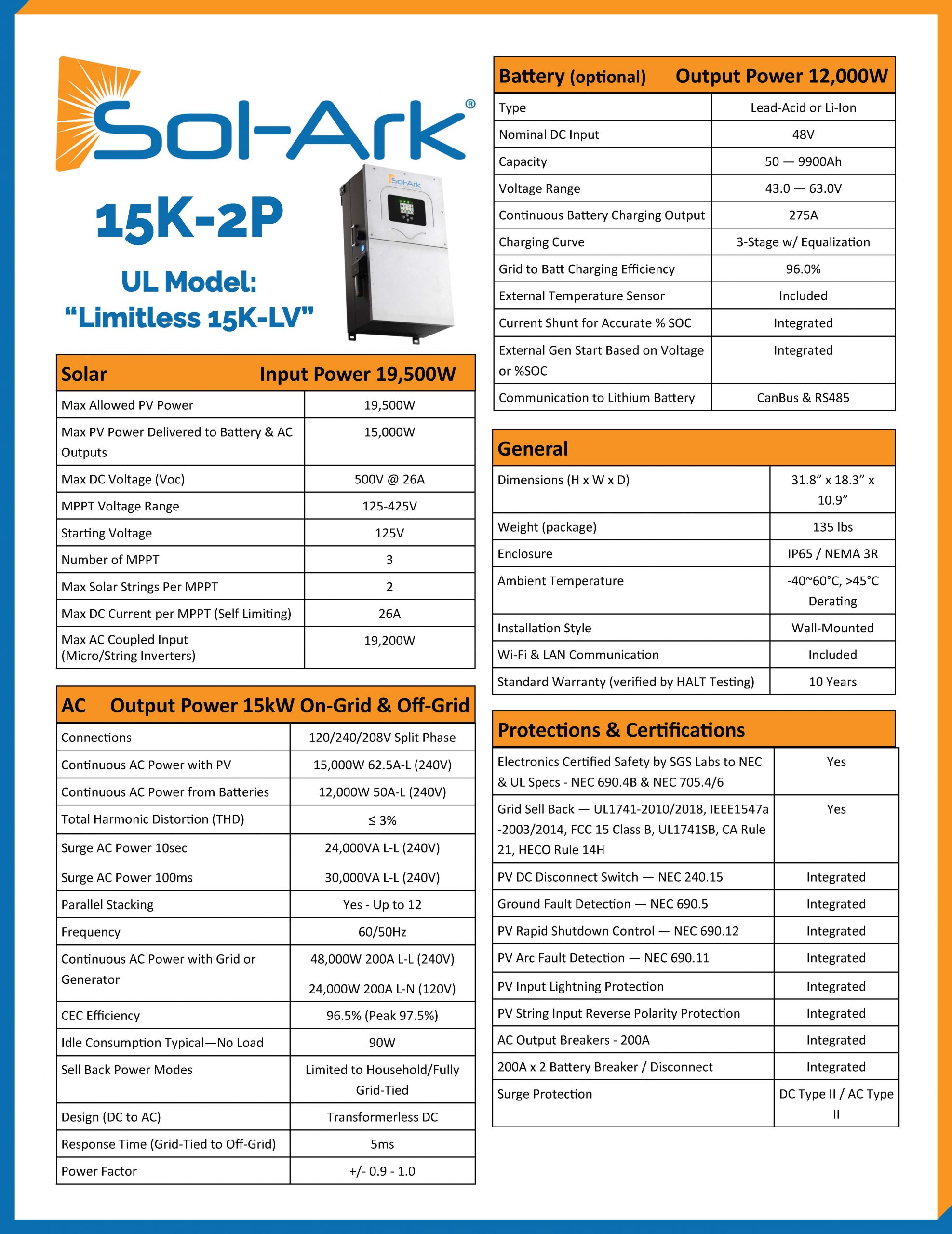 Sol-Ark 15K All-In-One Hybrid Inverter Model: Limitless 15K-LV
