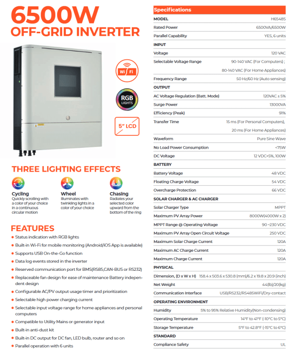 H6548S similar to LV6548 6.5kW 120V Stackable inverter 2 x 4kw 250V MPPT Inputs - Great Price ! - Image 7