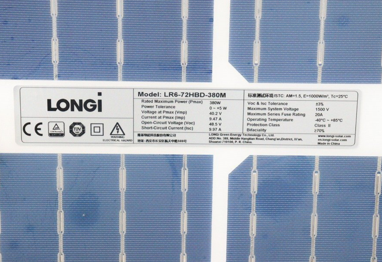 380W Bifacial Module - LONGI Solar LR6-72 HBD 380 M - 13.3kW 35pcs per pallet 26c per watt - very good looking panel clear between cells - Image 3